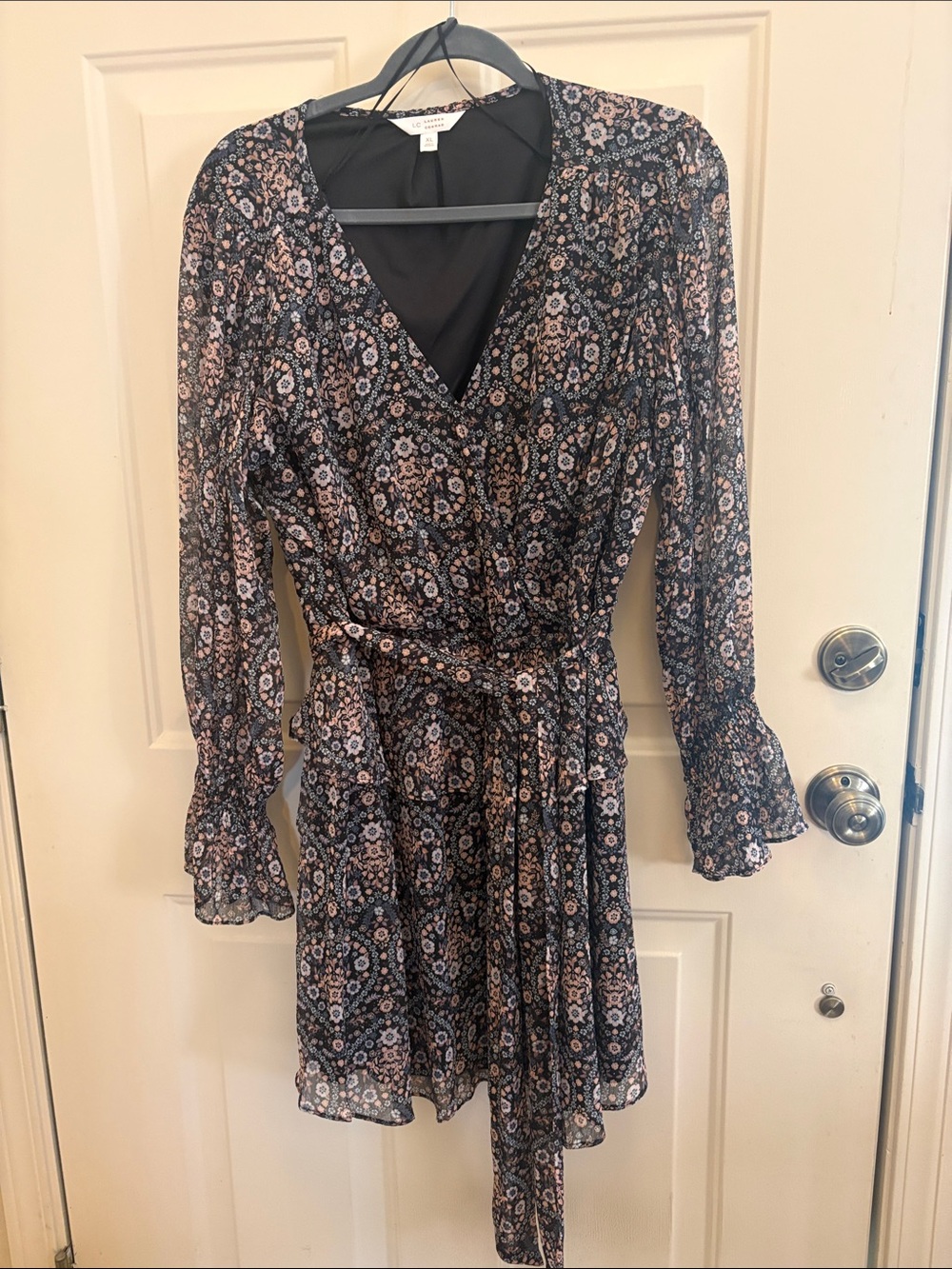 LC Lauren Conrad Black Floral Long-Sleeve Wrap Dress